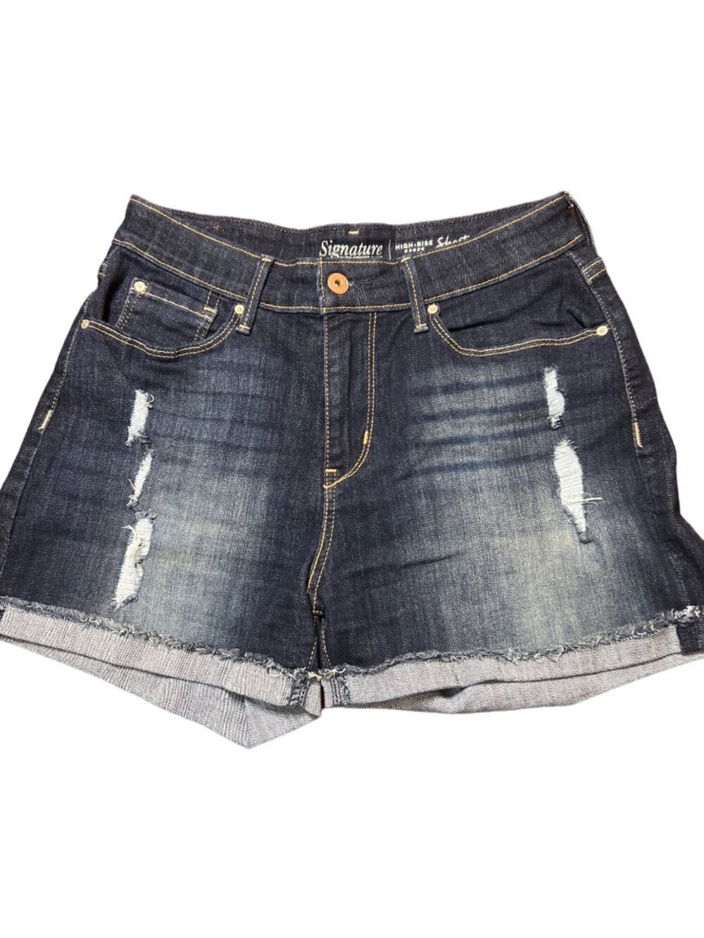 Signature By Levi Strauss High Rise Denim Bootie Shorts Cuffed Distressed Size 6